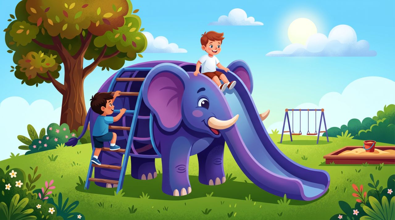 Playground infantil com escorregador em formato de elefante