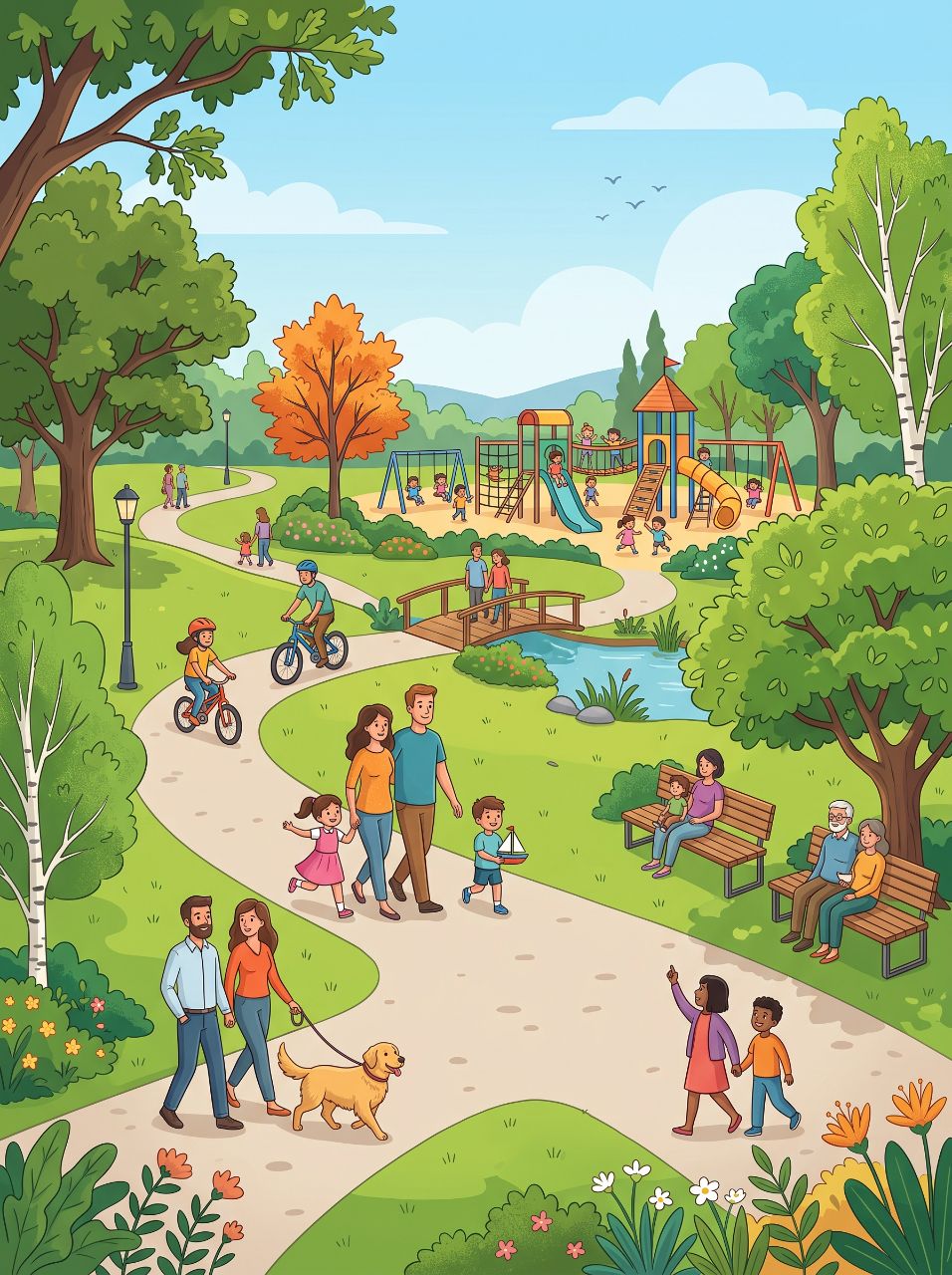 Famílias passeando em parque com playground ao fundo