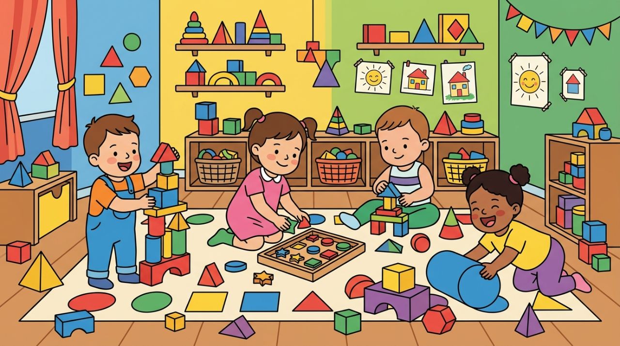 Crianças pequenas brincando com blocos coloridos
