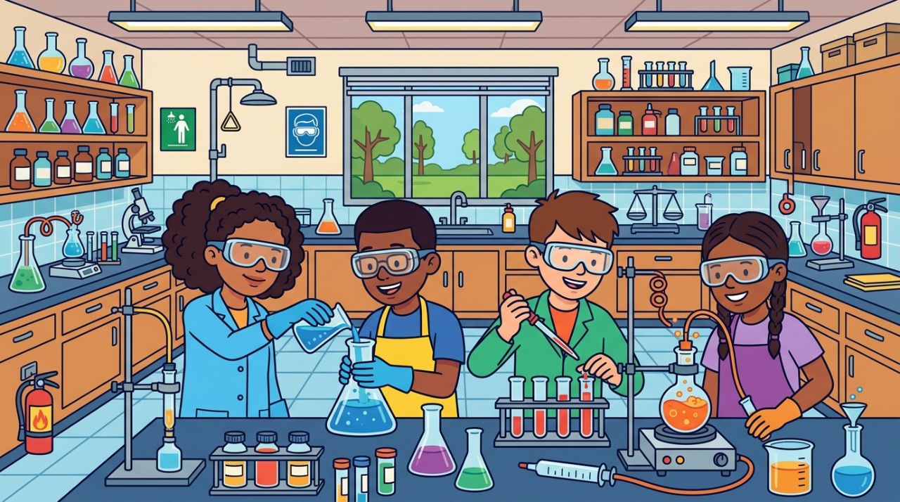 Estudantes em laboratório de ciências