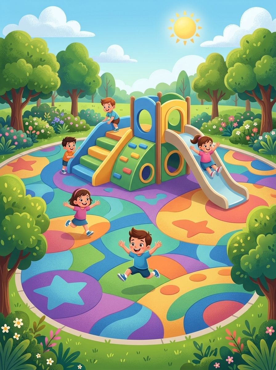 Crianças brincando em playground de espuma colorido