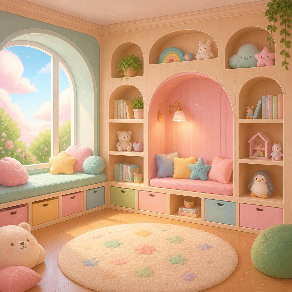 Quarto infantil com móveis planejados e cantinho de leitura