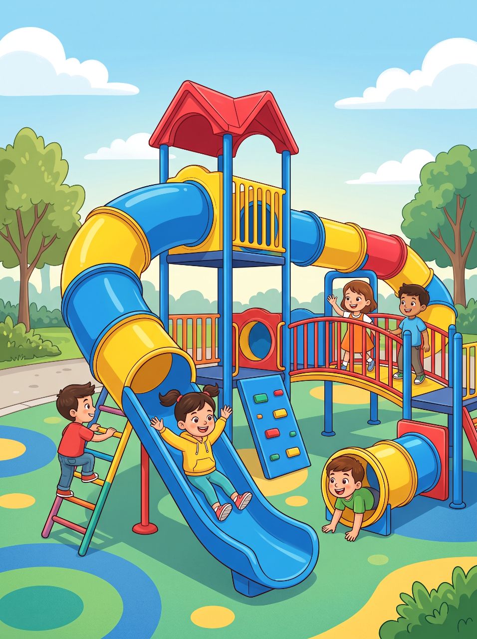 Crianças brincando em playground colorido com tobogãs