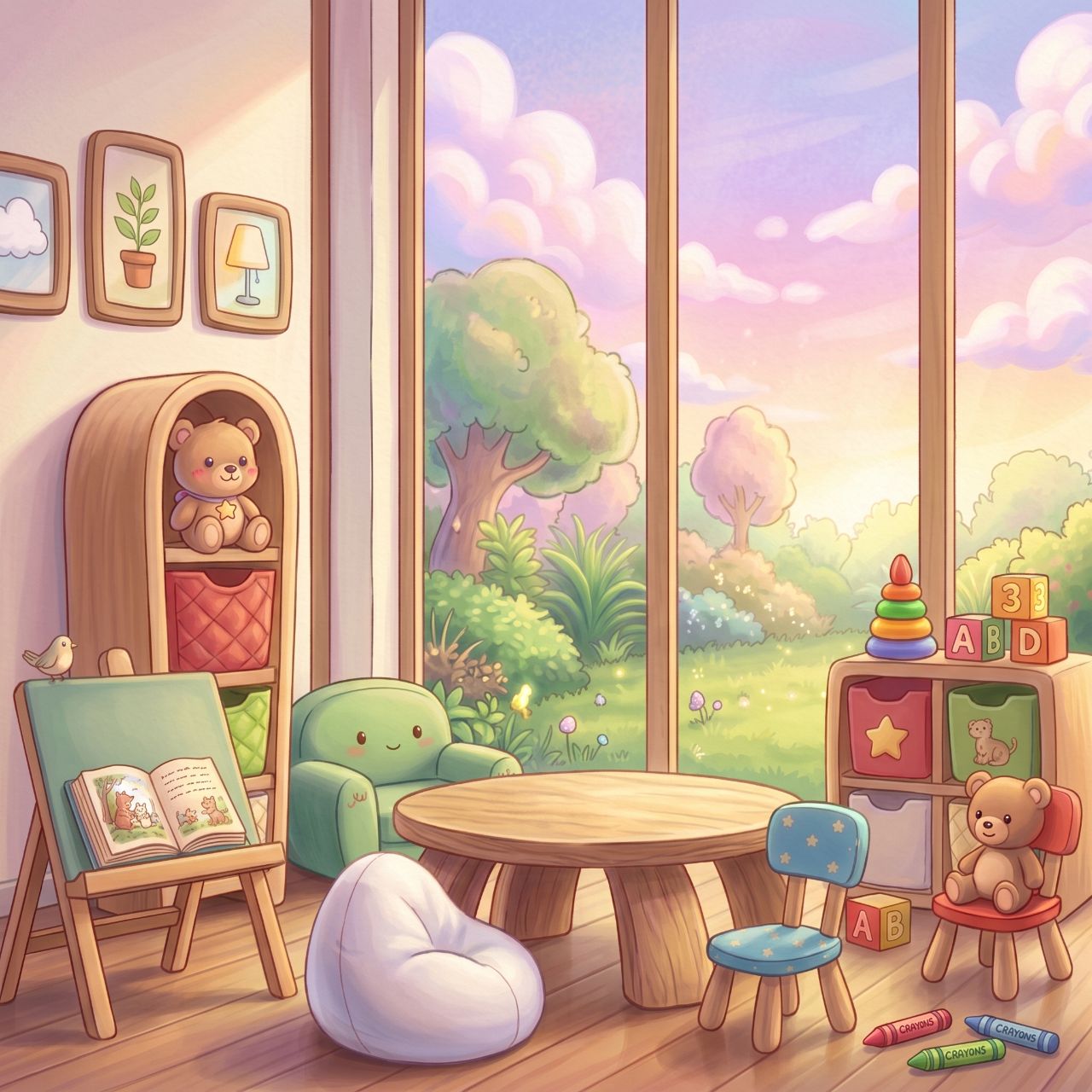 Sala com mobiliário infantil colorido
