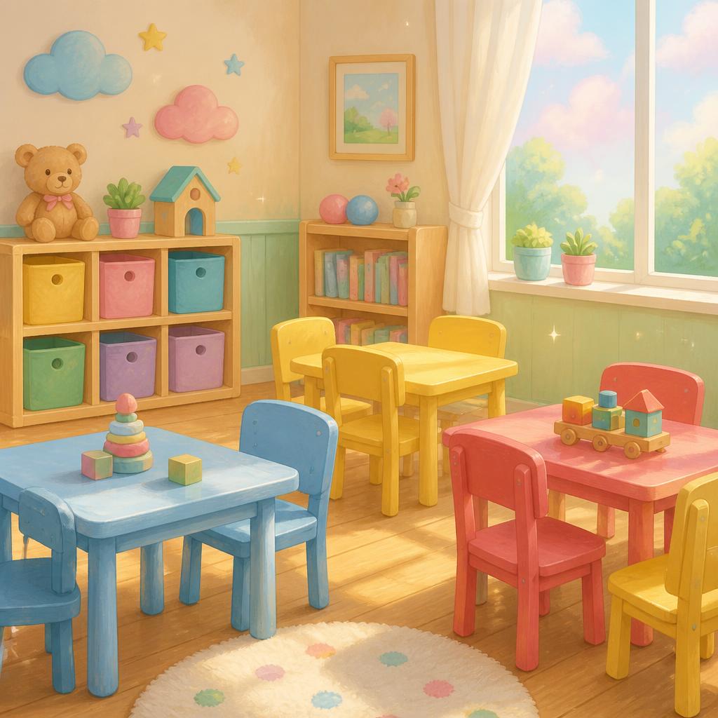 Sala infantil com mesinhas, cadeirinhas e nichos coloridos