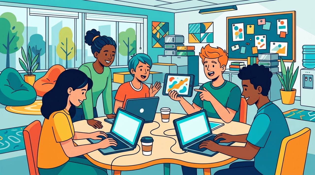Jovens estudando em grupo com laptops