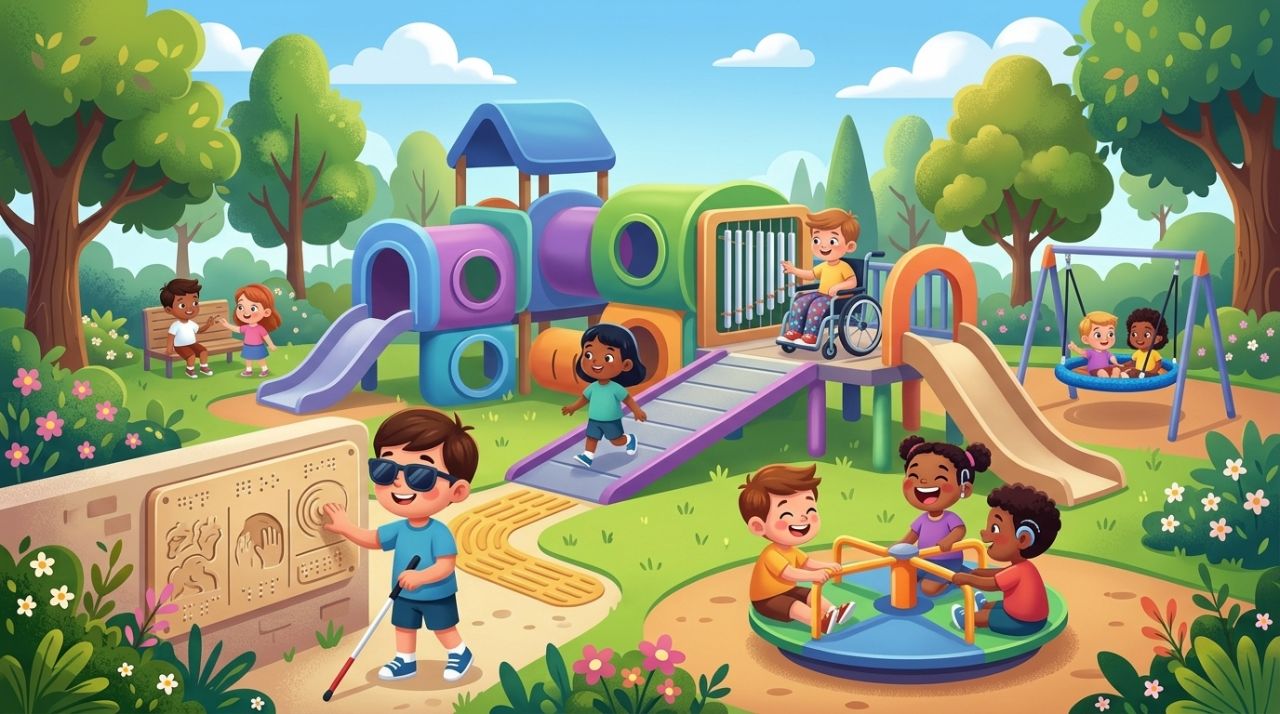 Crianças brincando juntas em playground inclusivo