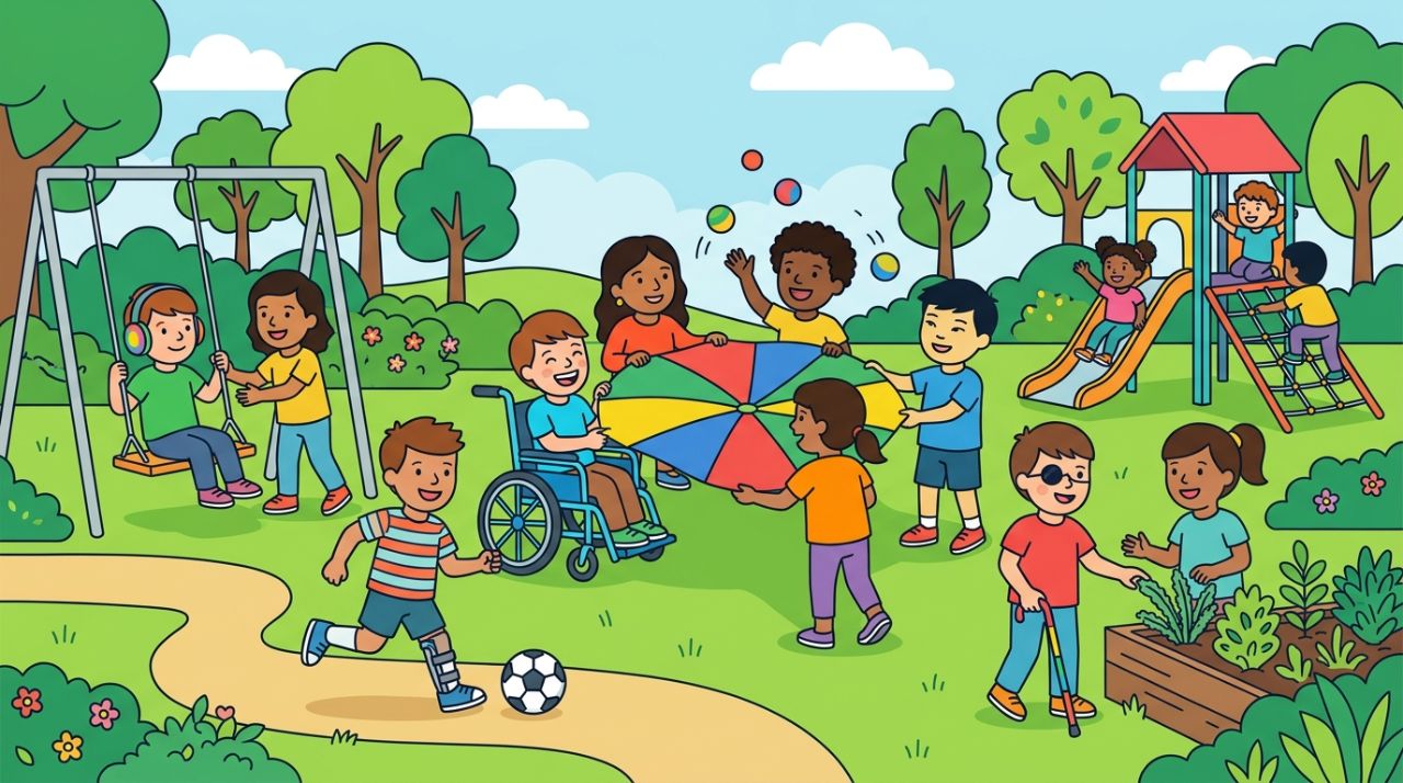 Crianças brincando juntas em playground inclusivo