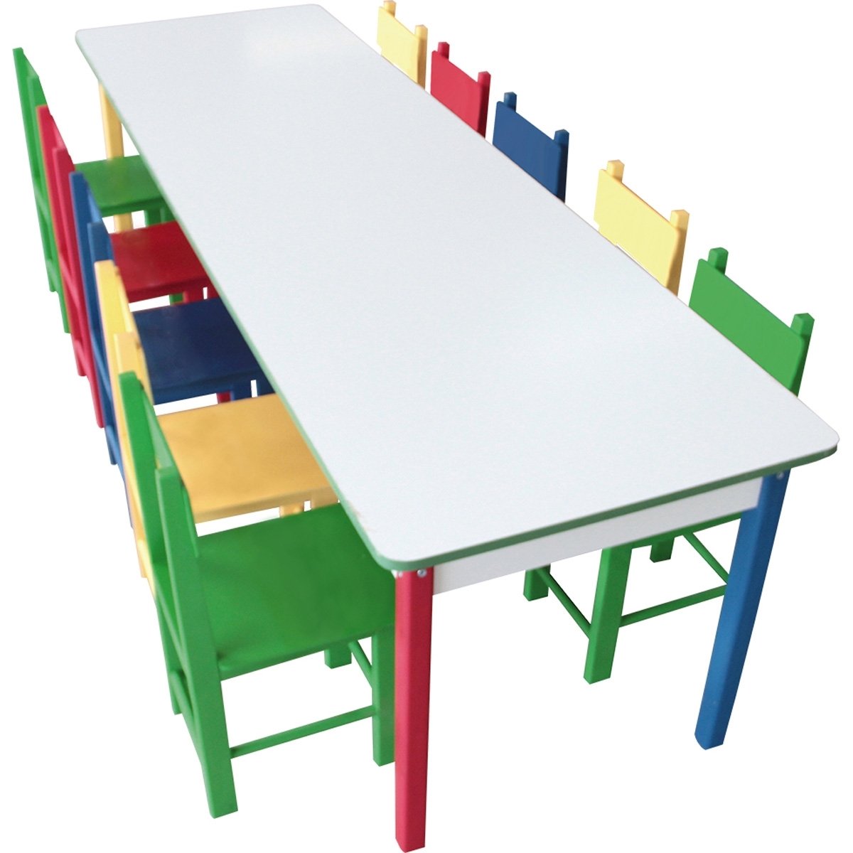 MESA GRANDE COLORIDA COM 10 CADEIRAS DE MADEIRA